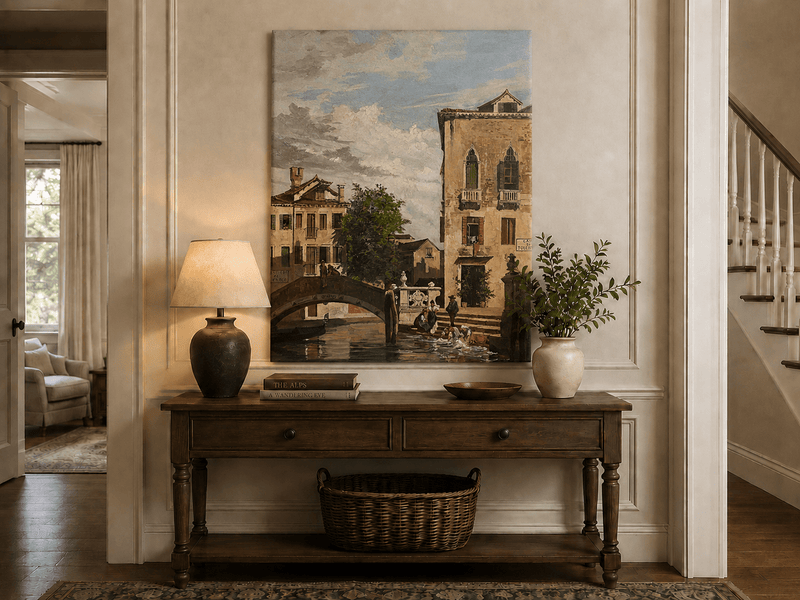 Landscape Oil Painting - Venetian Canal Bridge and Washday Scene