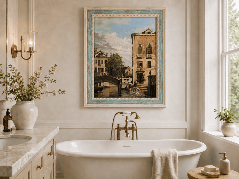 Landscape Oil Painting - Venetian Canal Bridge and Washday Scene