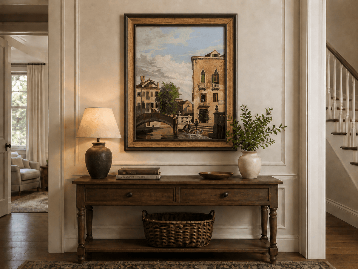 Landscape Oil Painting - Venetian Canal Bridge and Washday Scene