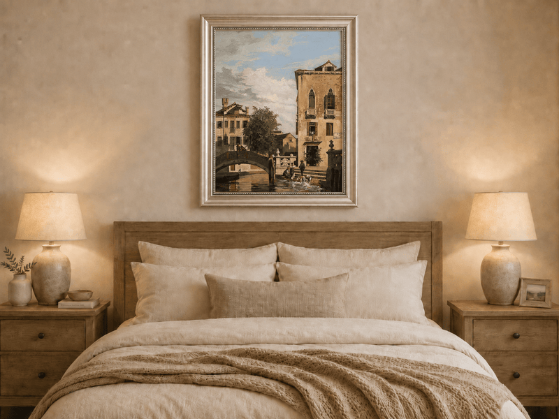 Landscape Oil Painting - Venetian Canal Bridge and Washday Scene