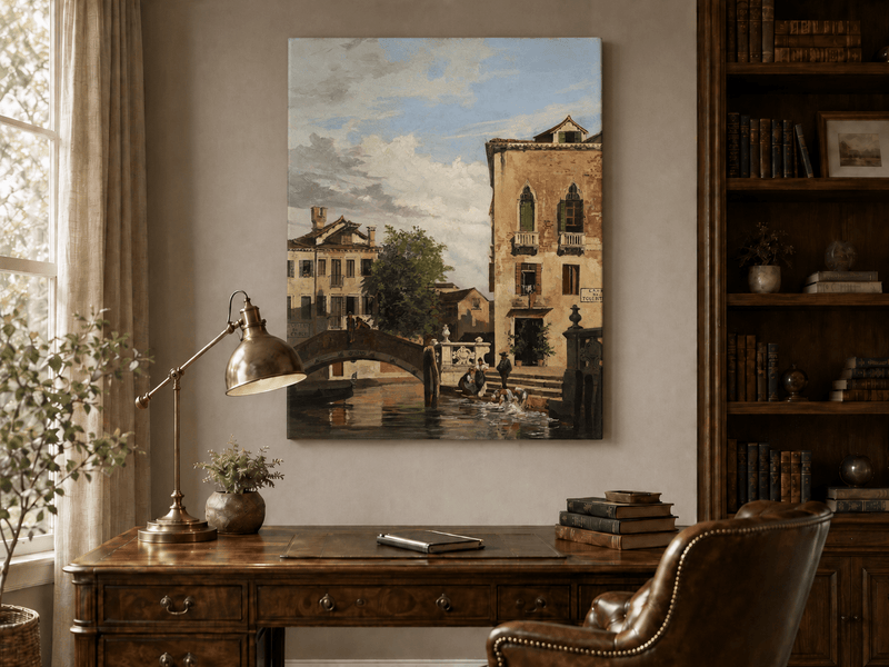 Landscape Oil Painting - Venetian Canal Bridge and Washday Scene