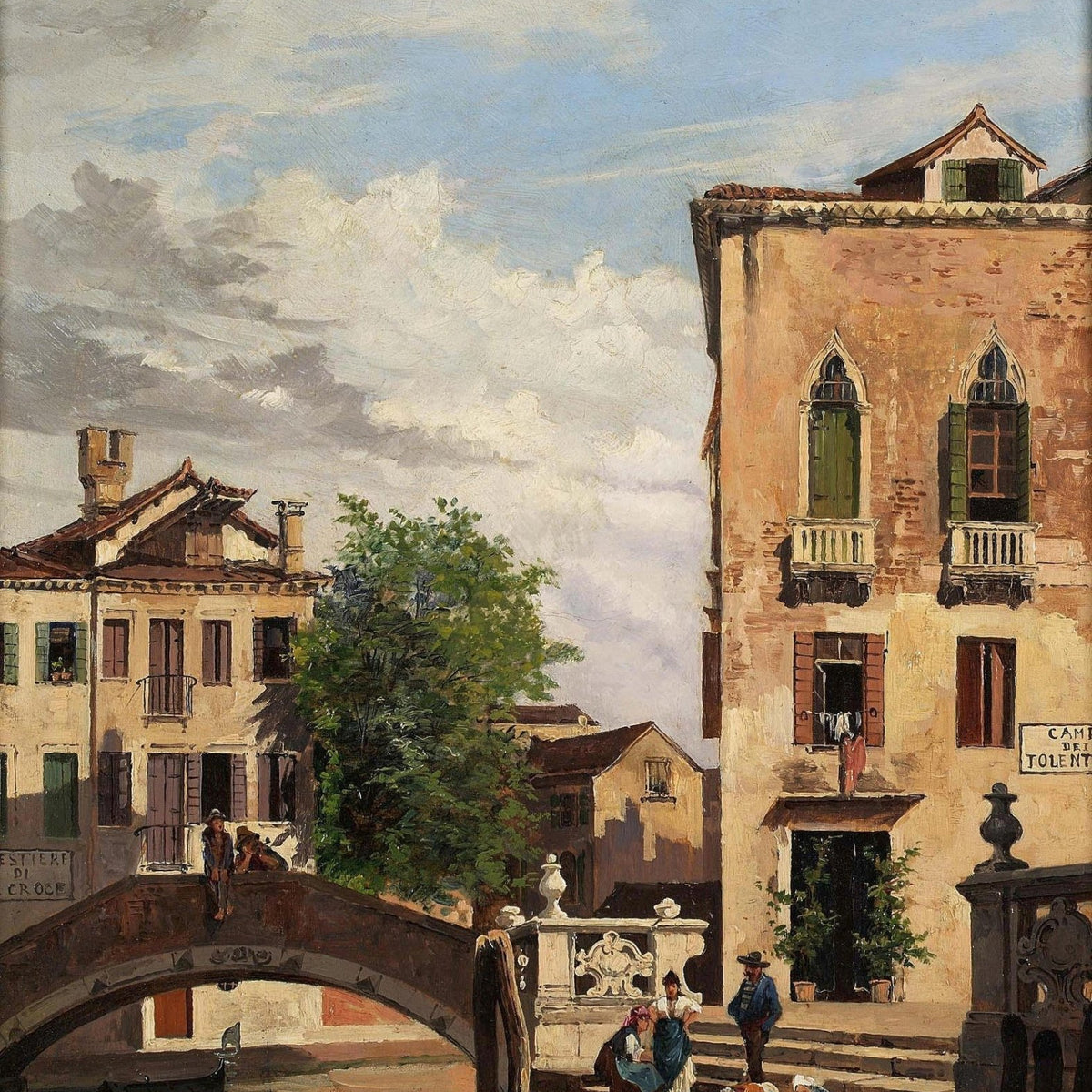 Hand-painted venetian canal bridge and washday scene landscape oil painting on canvas
