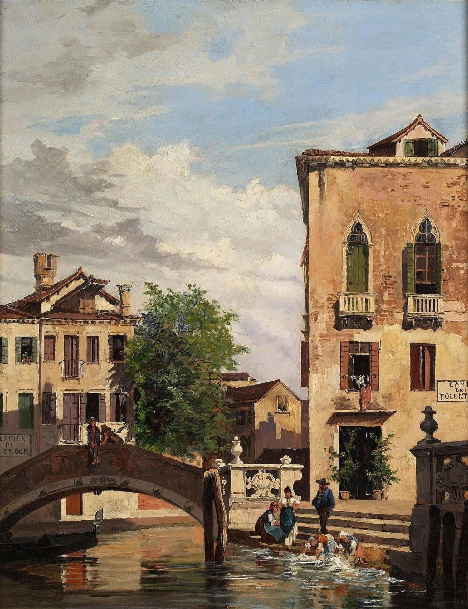 Hand-painted venetian canal bridge and washday scene landscape oil painting on canvas