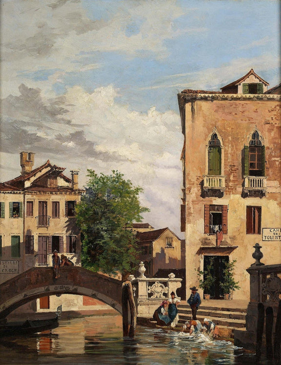 Hand-painted venetian canal bridge and washday scene landscape oil painting on canvas