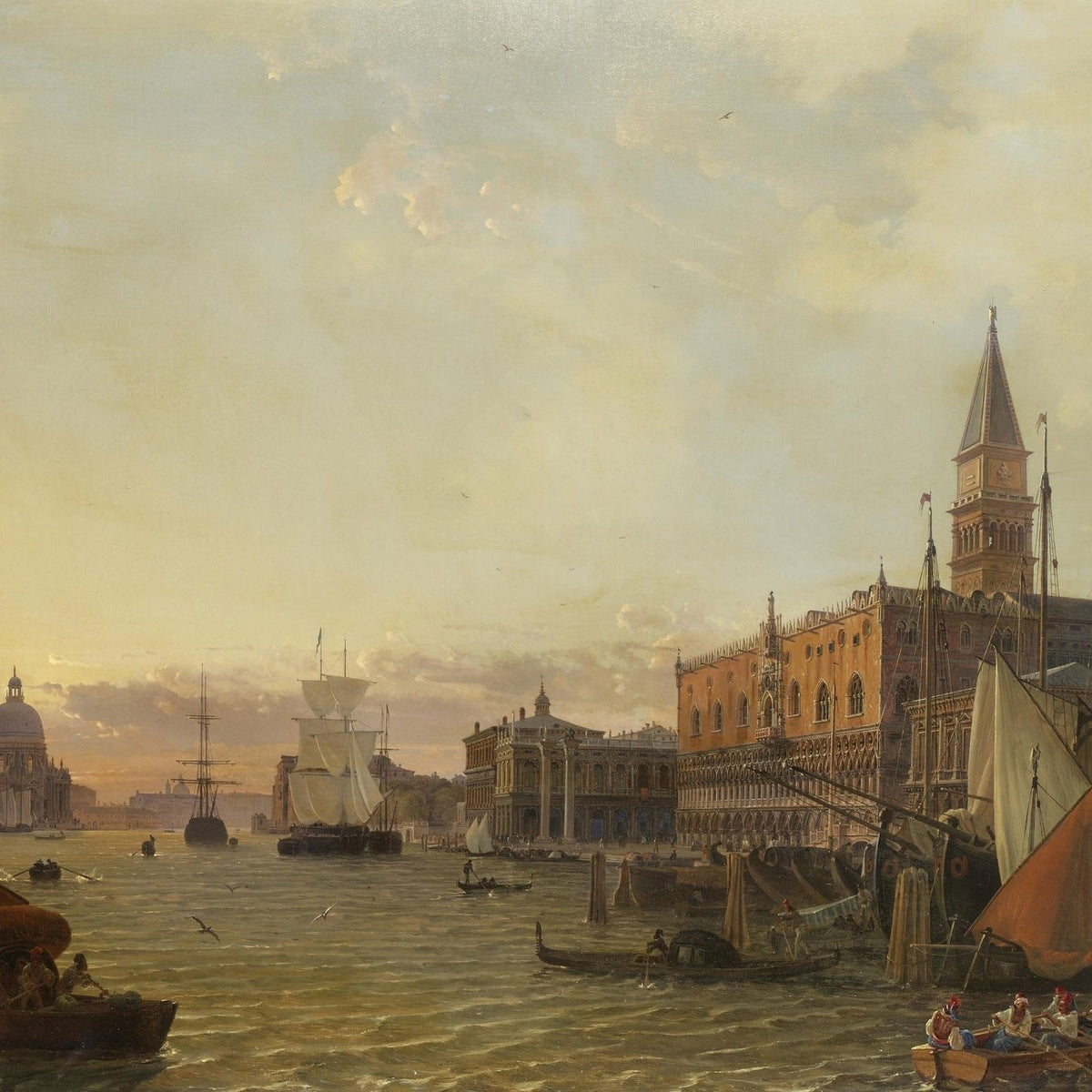Hand-painted venetian canal cityscape and sailing boats landscape oil painting on canvas