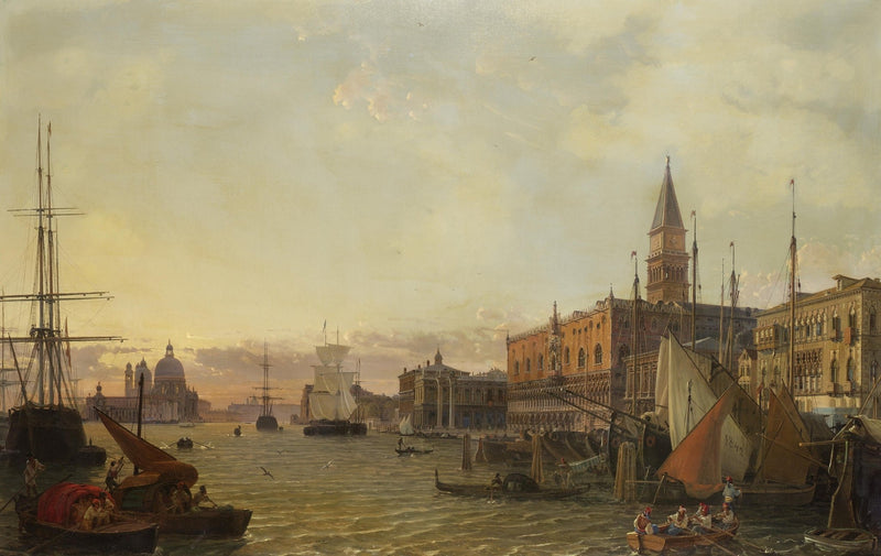 Hand-painted venetian canal cityscape and sailing boats landscape oil painting on canvas