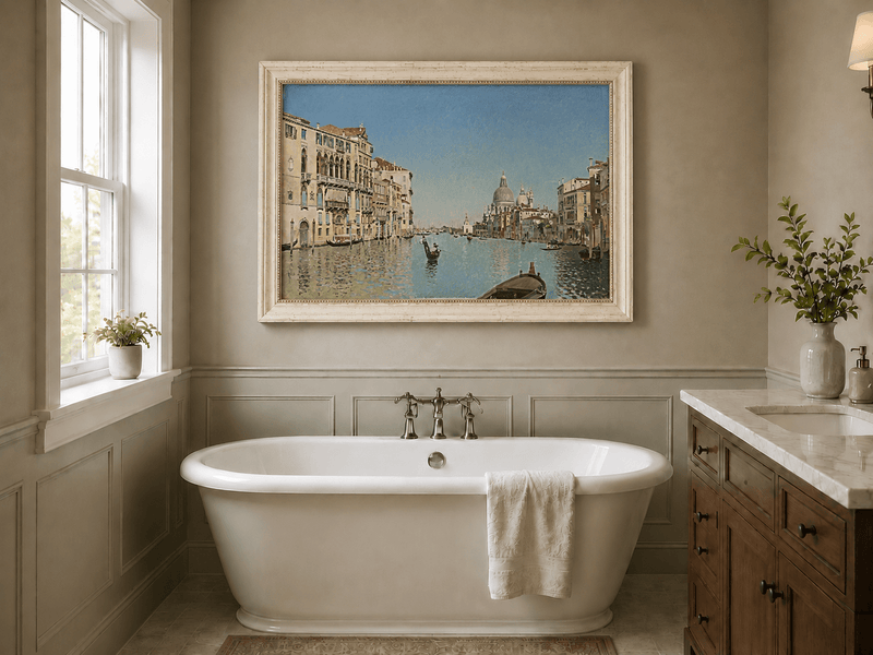 Landscape Oil Painting - Venetian Canal Gondolas & City