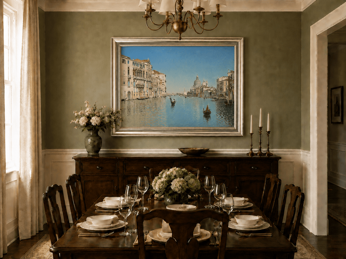 Landscape Oil Painting - Venetian Canal Gondolas & City