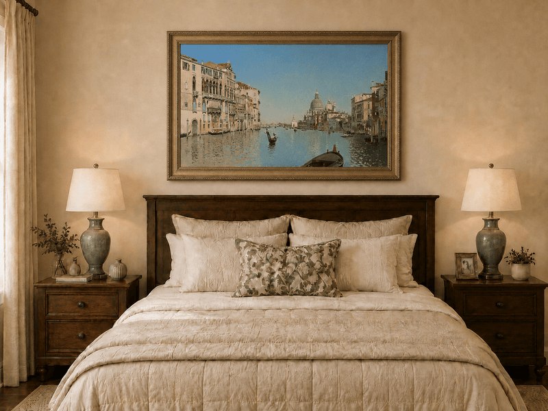 Landscape Oil Painting - Venetian Canal Gondolas & City