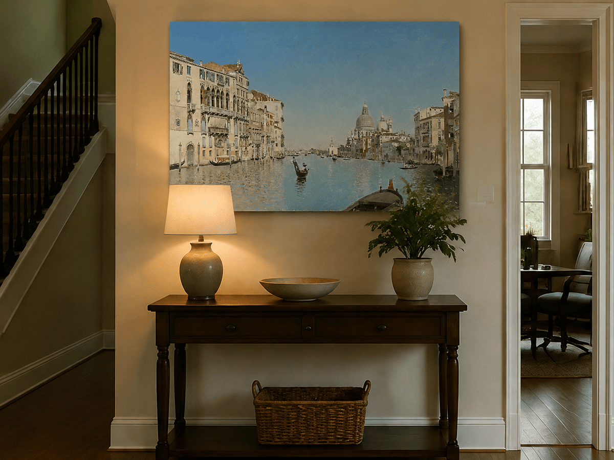 Landscape Oil Painting - Venetian Canal Gondolas & City