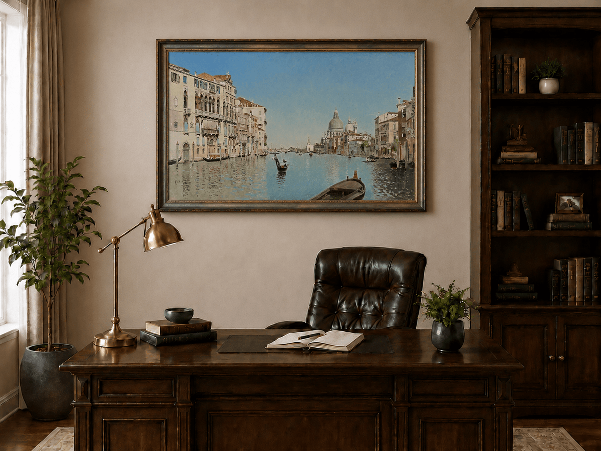 Landscape Oil Painting - Venetian Canal Gondolas & City