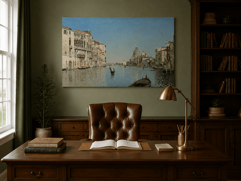 Landscape Oil Painting - Venetian Canal Gondolas & City
