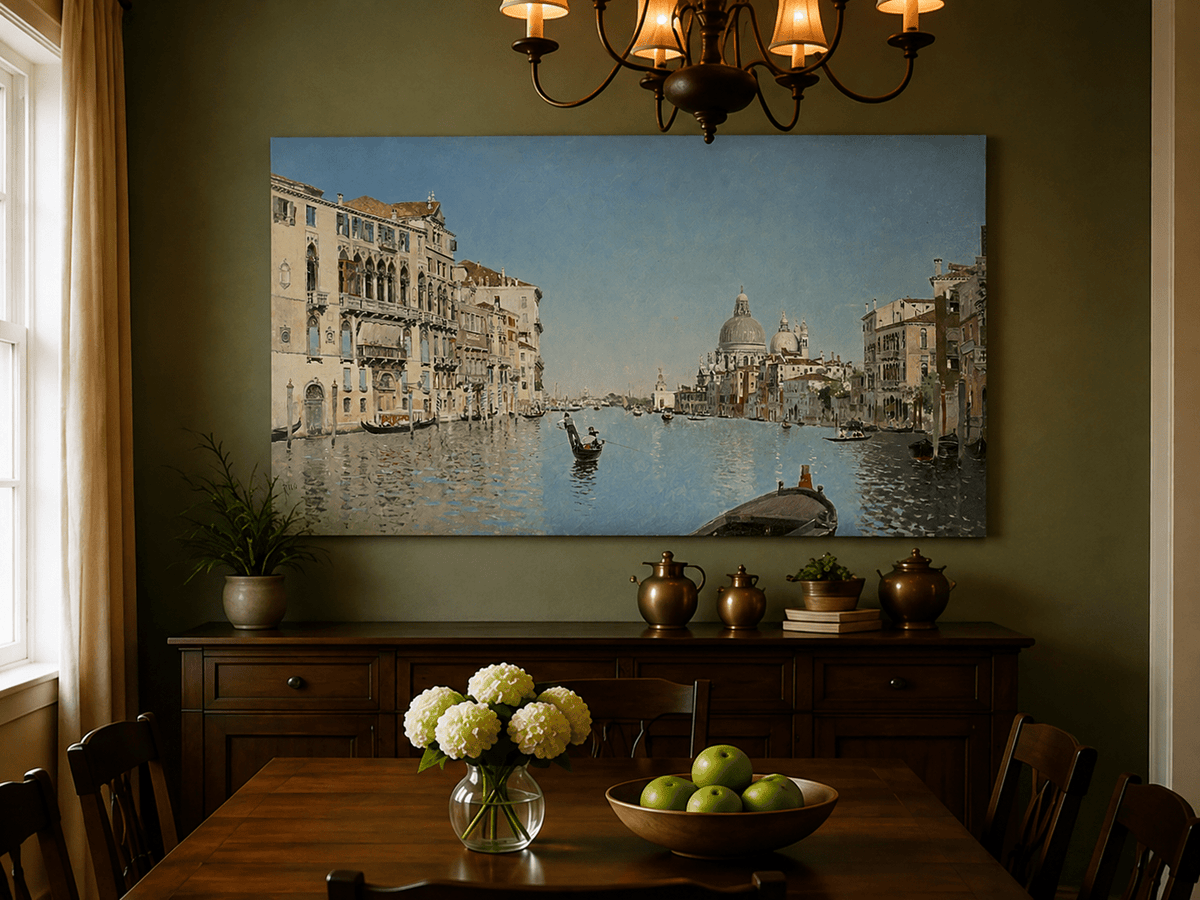 Landscape Oil Painting - Venetian Canal Gondolas & City