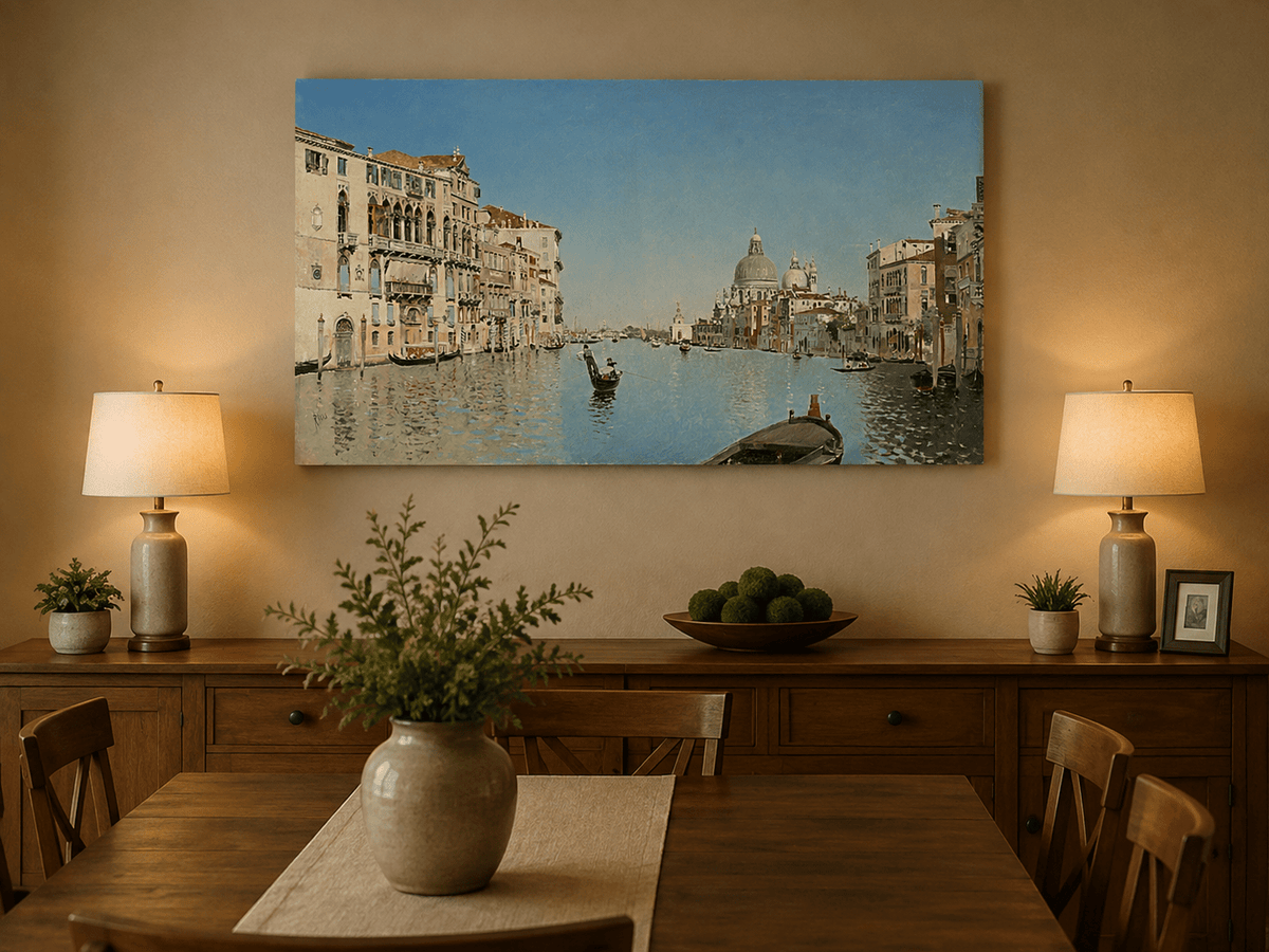 Landscape Oil Painting - Venetian Canal Gondolas & City