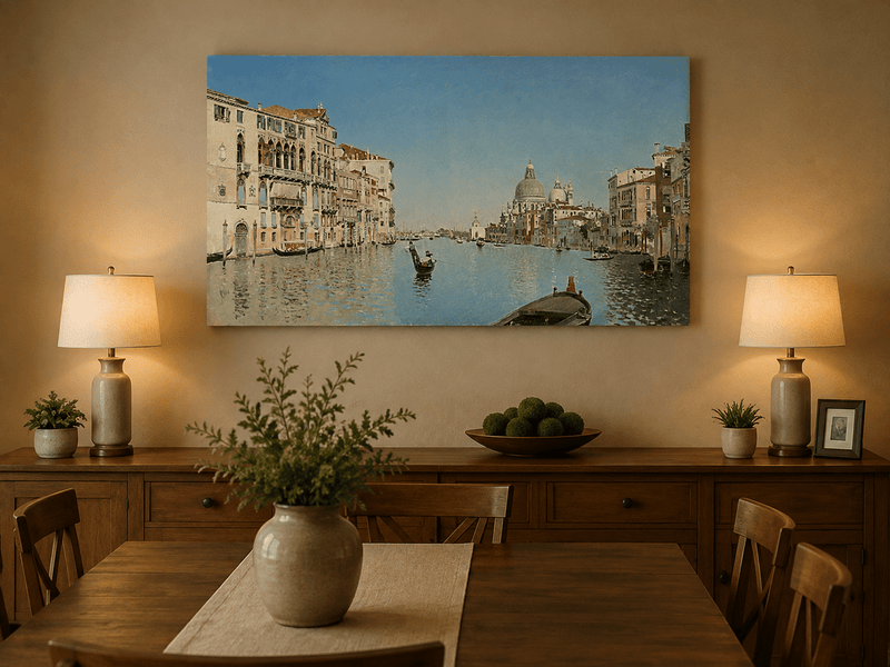 Landscape Oil Painting - Venetian Canal Gondolas & City