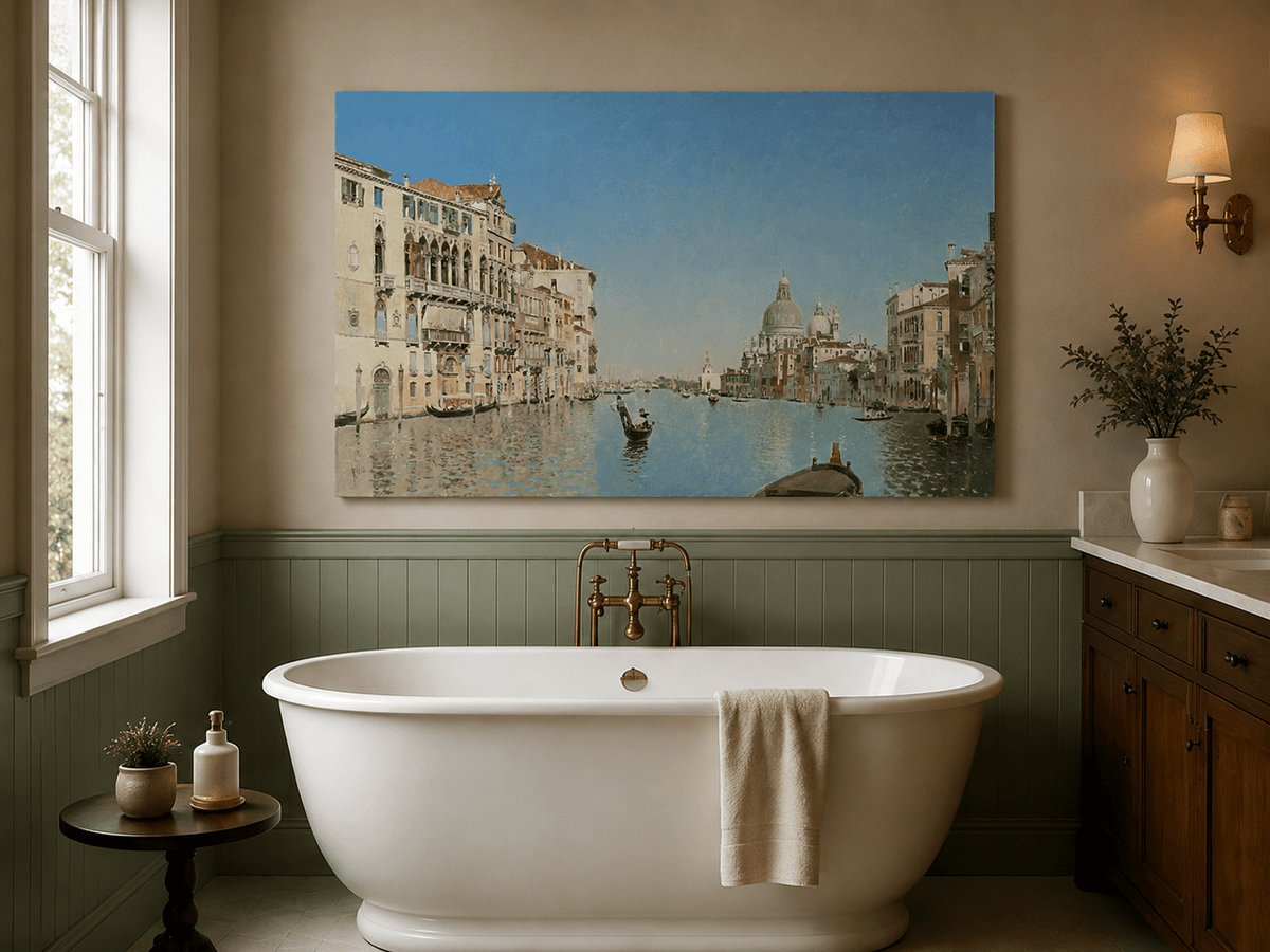 Landscape Oil Painting - Venetian Canal Gondolas & City