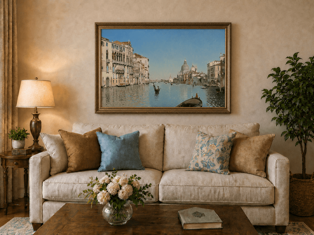 Landscape Oil Painting - Venetian Canal Gondolas & City
