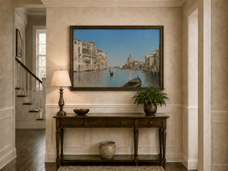 Landscape Oil Painting - Venetian Canal Gondolas & City