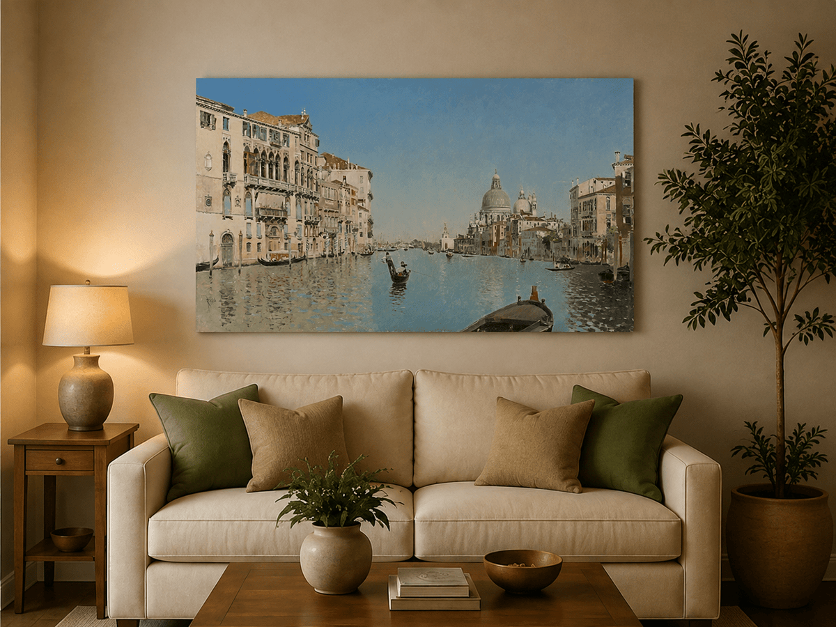 Landscape Oil Painting - Venetian Canal Gondolas & City