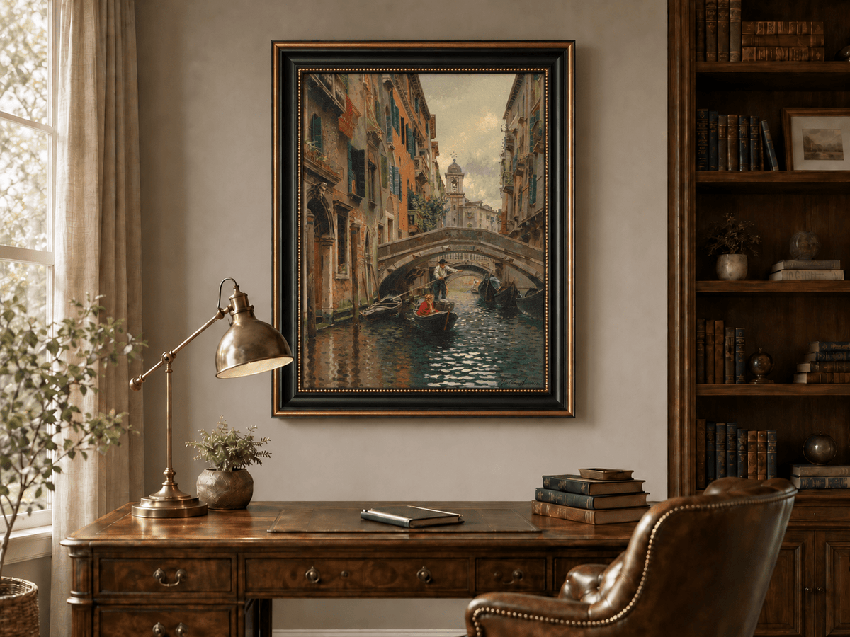 Landscape Oil Painting - Venetian Canal Under Stone Bridge Boats