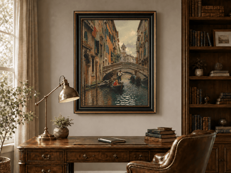 Landscape Oil Painting - Venetian Canal Under Stone Bridge Boats
