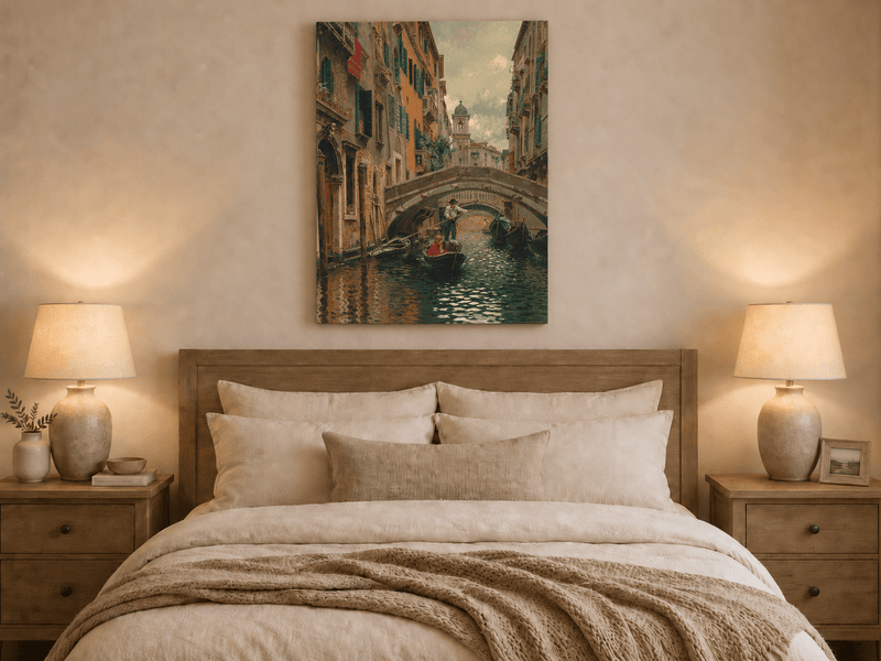 Landscape Oil Painting - Venetian Canal Under Stone Bridge Boats