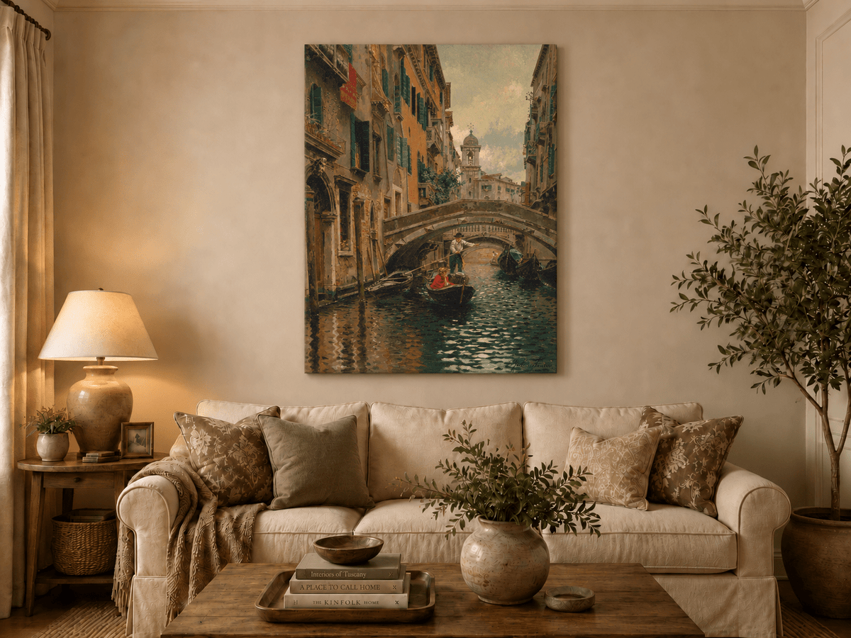 Landscape Oil Painting - Venetian Canal Under Stone Bridge Boats