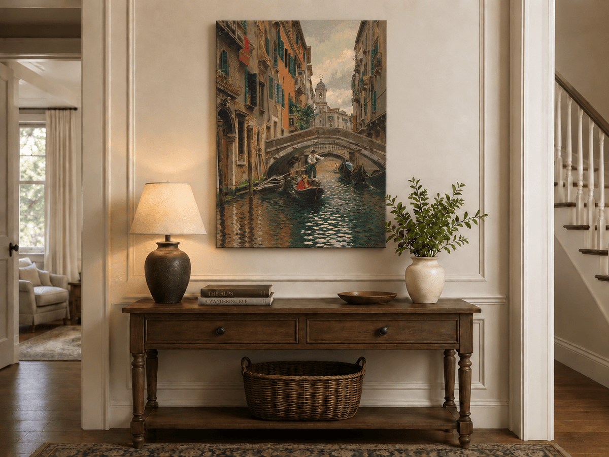 Landscape Oil Painting - Venetian Canal Under Stone Bridge Boats