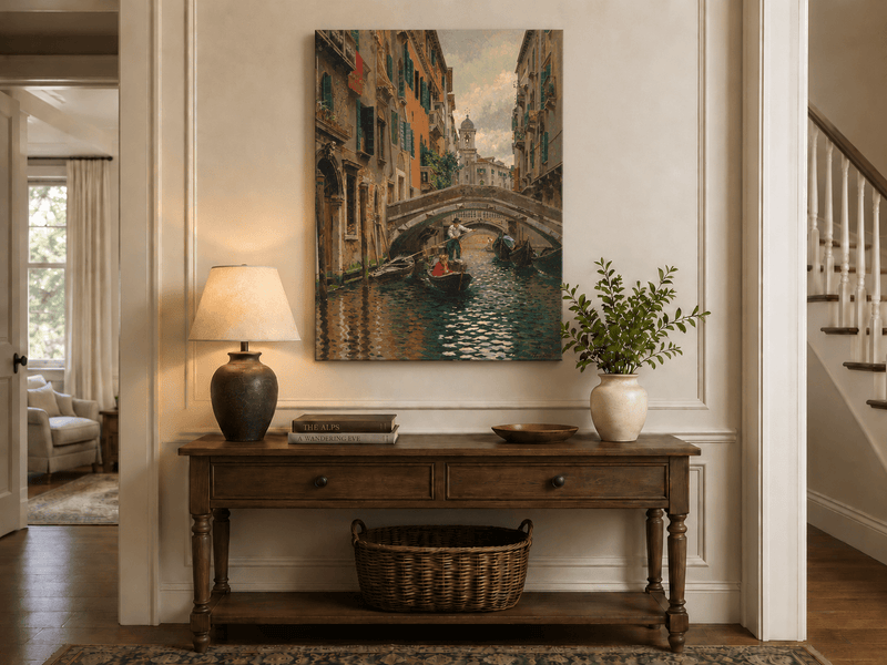 Landscape Oil Painting - Venetian Canal Under Stone Bridge Boats