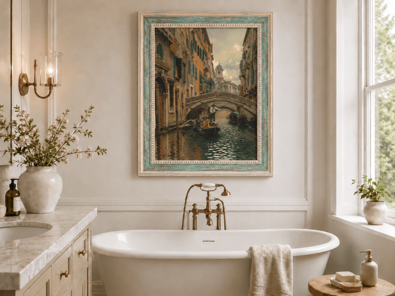 Landscape Oil Painting - Venetian Canal Under Stone Bridge Boats