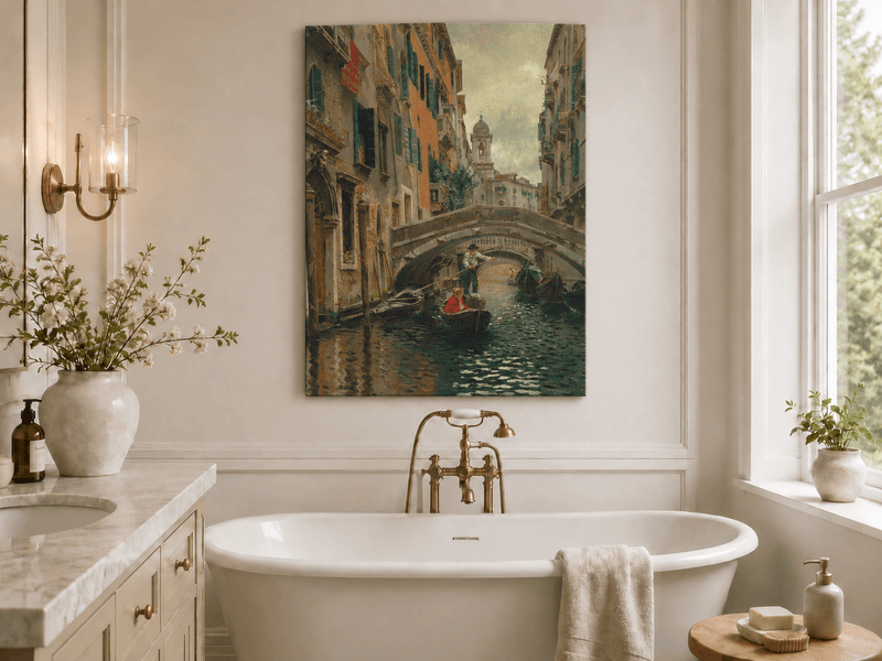 Landscape Oil Painting - Venetian Canal Under Stone Bridge Boats