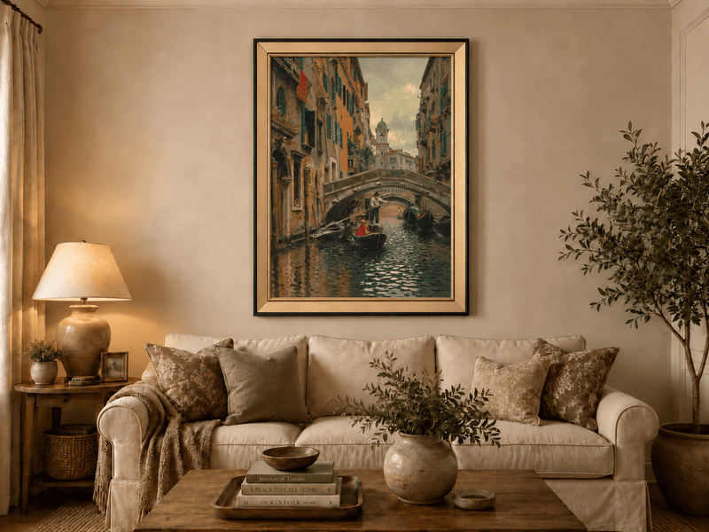Landscape Oil Painting - Venetian Canal Under Stone Bridge Boats