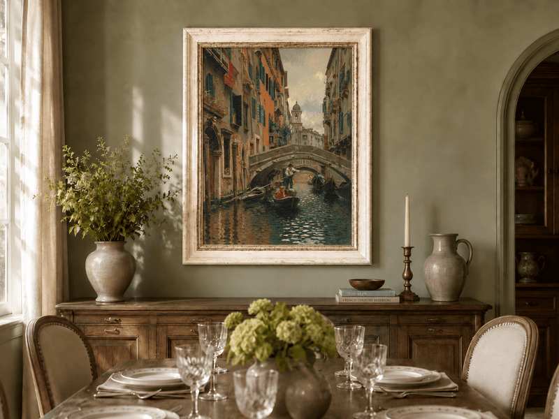 Landscape Oil Painting - Venetian Canal Under Stone Bridge Boats