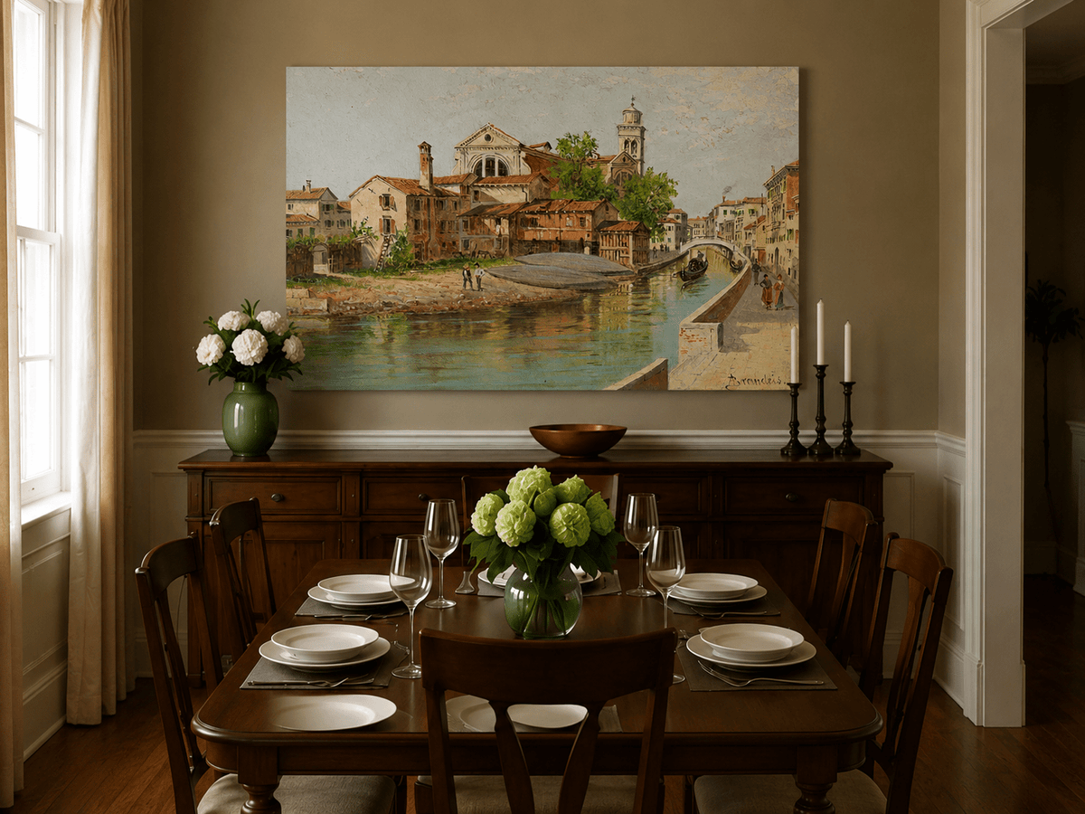 Landscape Oil Painting - Venetian Canal with Church and Gondolas
