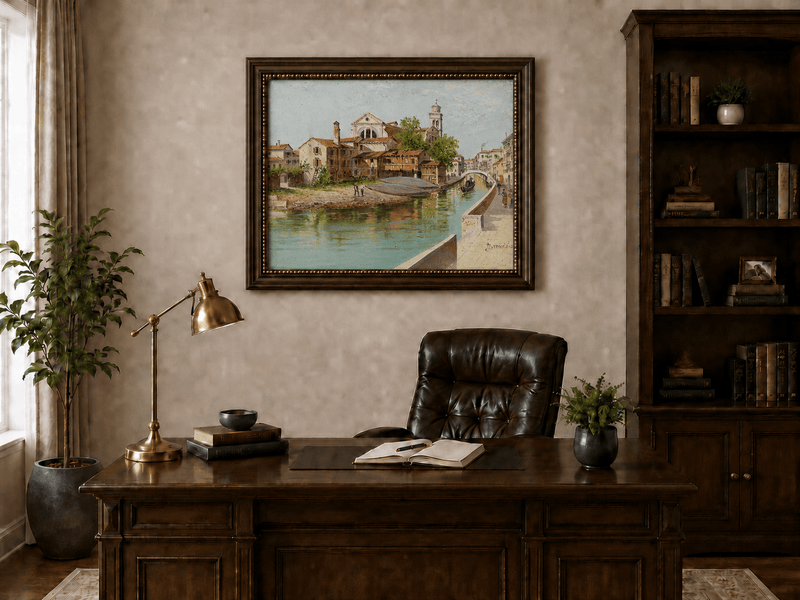 Landscape Oil Painting - Venetian Canal with Church and Gondolas