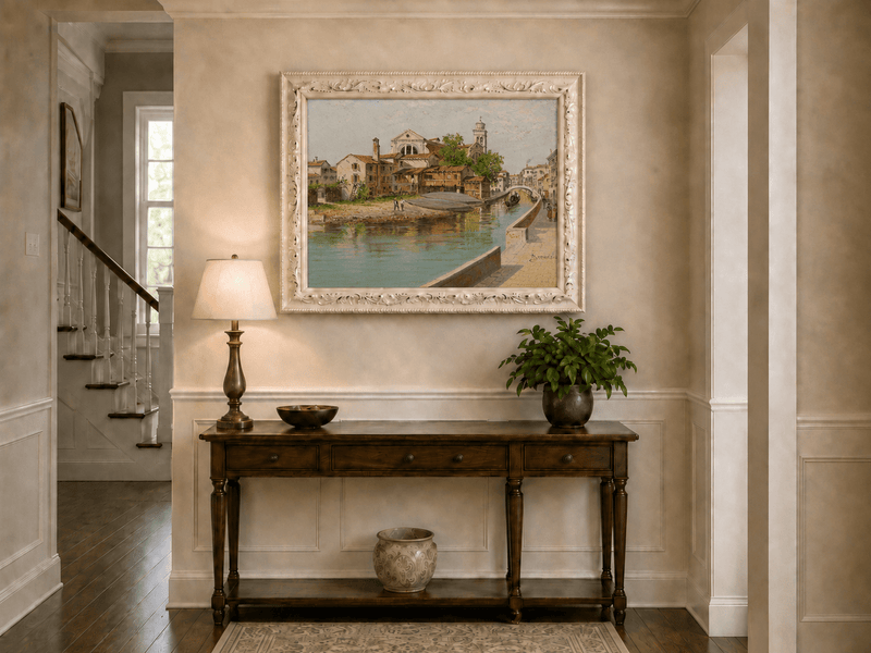 Landscape Oil Painting - Venetian Canal with Church and Gondolas