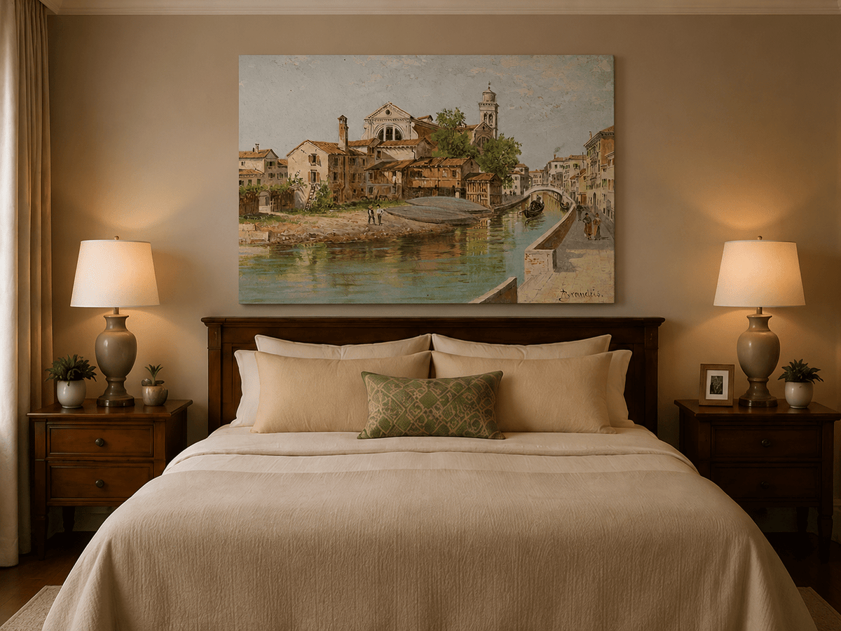 Landscape Oil Painting - Venetian Canal with Church and Gondolas