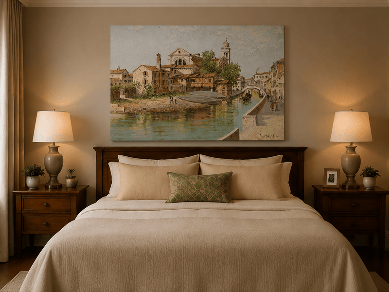 Landscape Oil Painting - Venetian Canal with Church and Gondolas