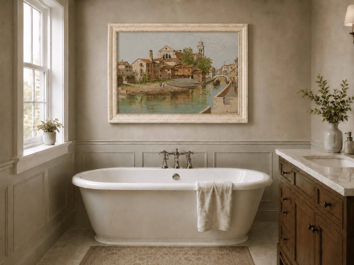 Landscape Oil Painting - Venetian Canal with Church and Gondolas
