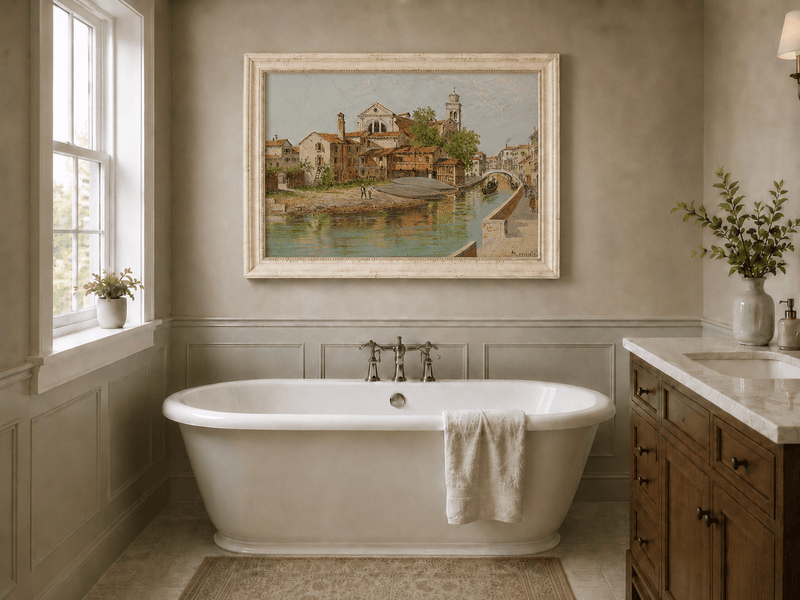 Landscape Oil Painting - Venetian Canal with Church and Gondolas
