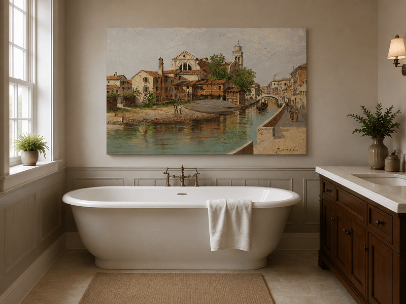 Landscape Oil Painting - Venetian Canal with Church and Gondolas