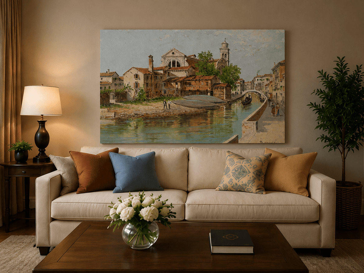 Landscape Oil Painting - Venetian Canal with Church and Gondolas