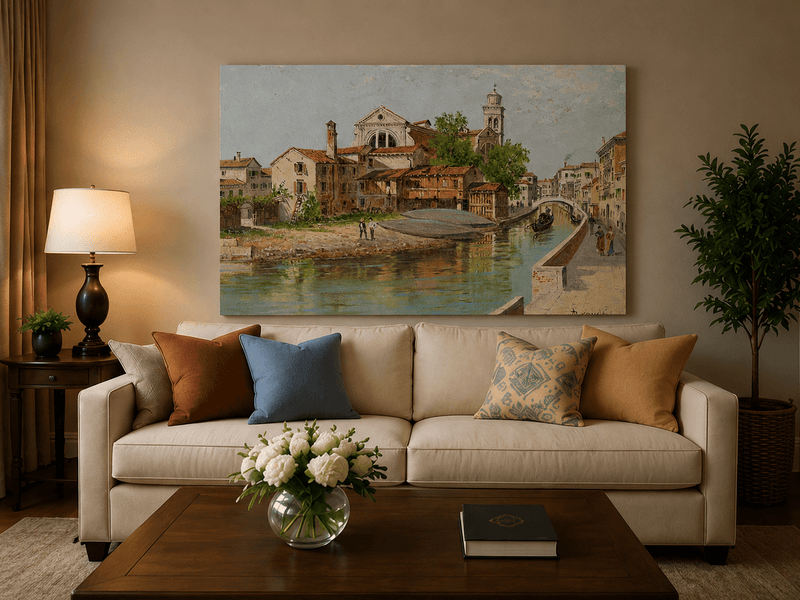 Landscape Oil Painting - Venetian Canal with Church and Gondolas