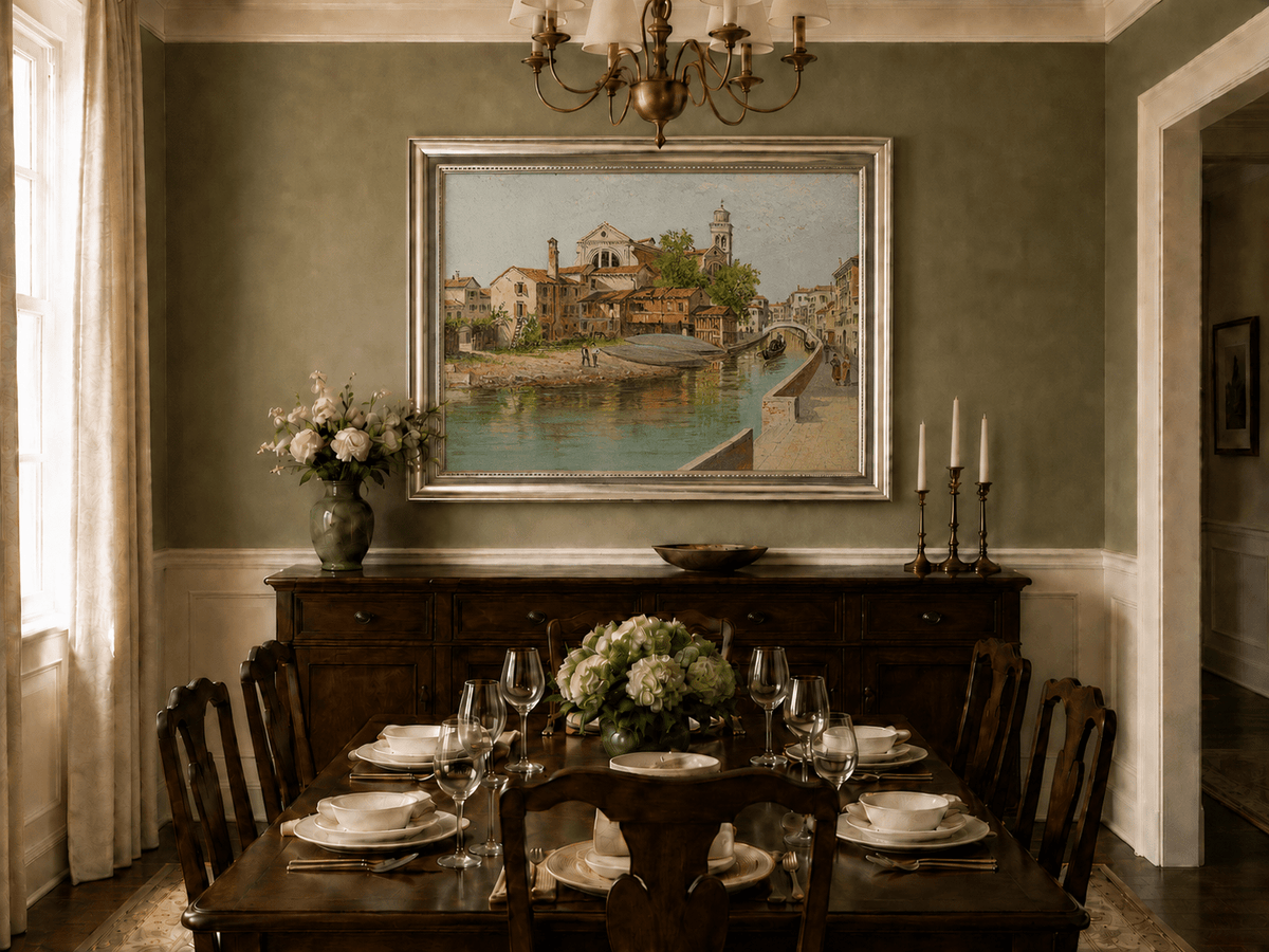 Landscape Oil Painting - Venetian Canal with Church and Gondolas