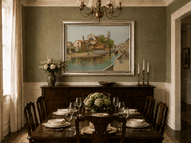 Landscape Oil Painting - Venetian Canal with Church and Gondolas