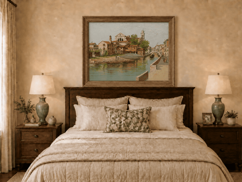 Landscape Oil Painting - Venetian Canal with Church and Gondolas