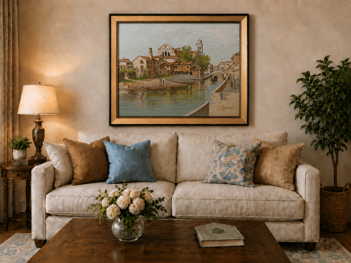 Landscape Oil Painting - Venetian Canal with Church and Gondolas