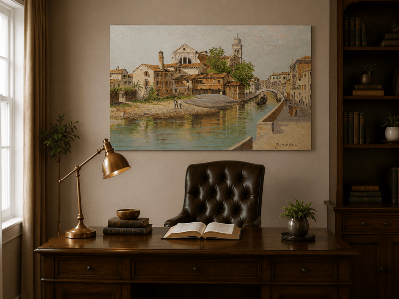 Landscape Oil Painting - Venetian Canal with Church and Gondolas