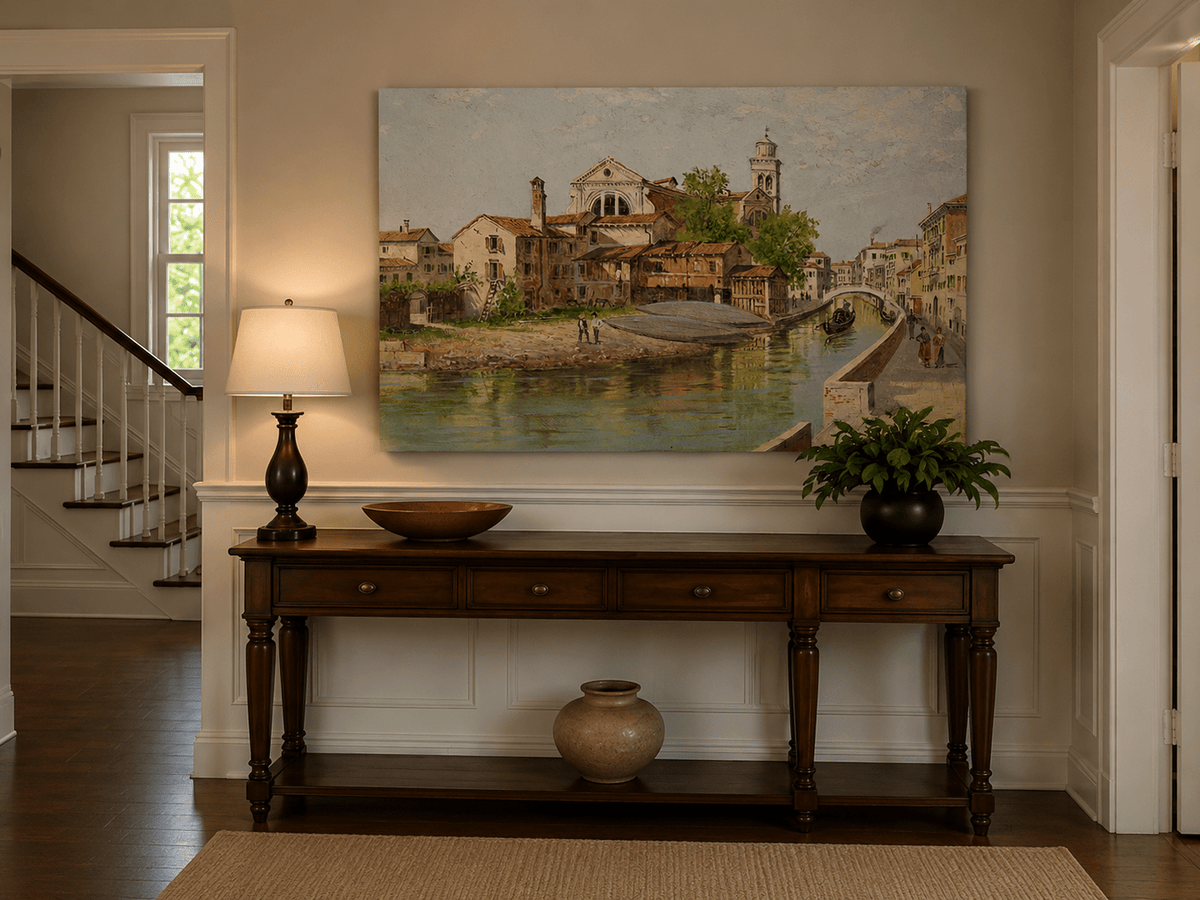 Landscape Oil Painting - Venetian Canal with Church and Gondolas