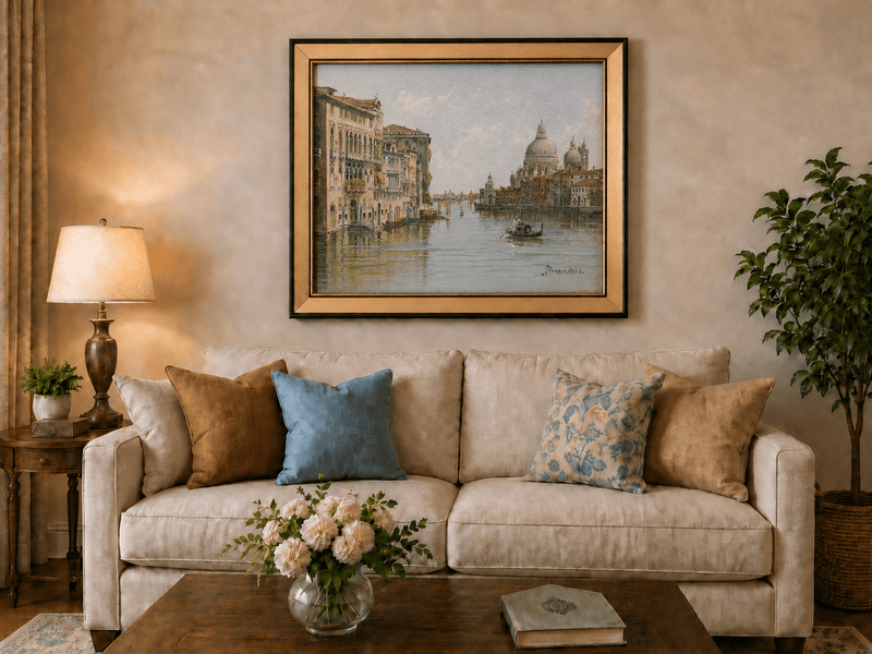 Landscape Oil Painting - Venetian Canal with Gondola and Basilica